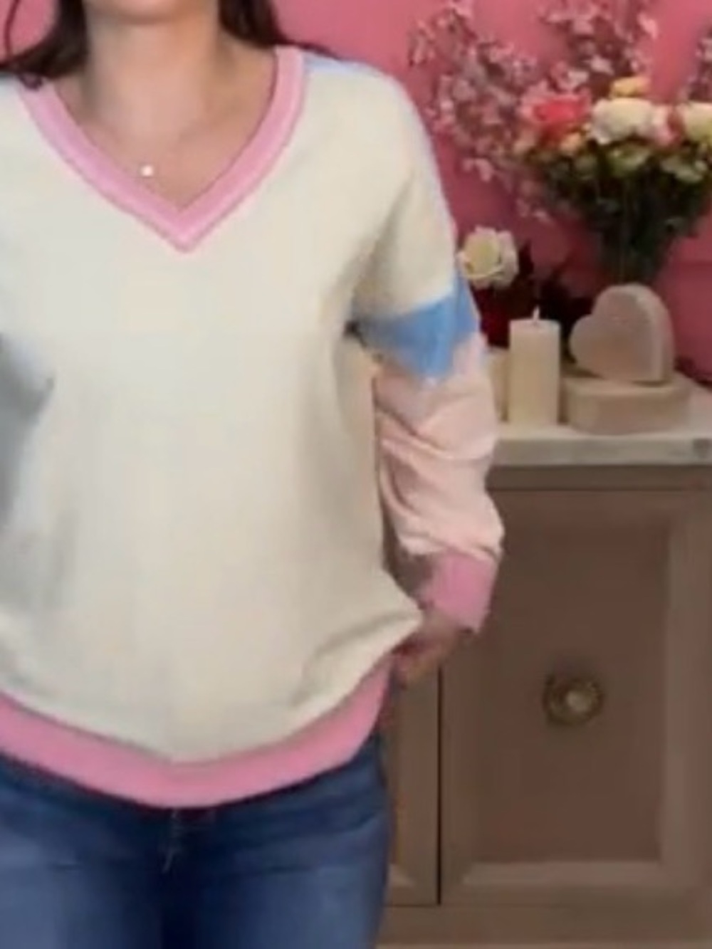 Women’s Colorblock V-Neck Long Sleeve Mineral Wash Cream and Pastel Pink. Small